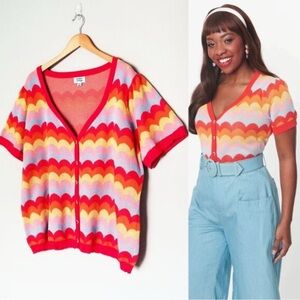 Unique Vintage Plus Size 4X 5X Rainbow Scallop Striped Cardigan Novelty Hearts